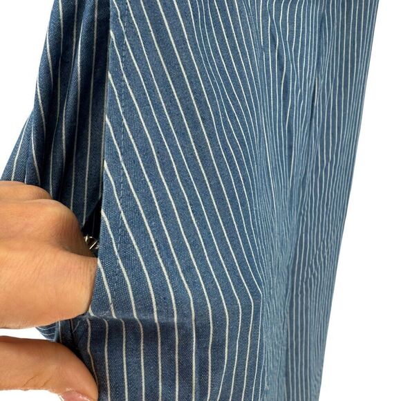 Wide Leg Jumpsuit L Blue Pin Striped Floral Embroidered Ruffle San Joy Open Back - Picture 6 of 11